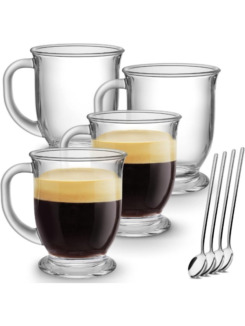 Set of 4 Glass Coffee Mugs, 15 Oz with Handles - Perfect for Hot Beverages